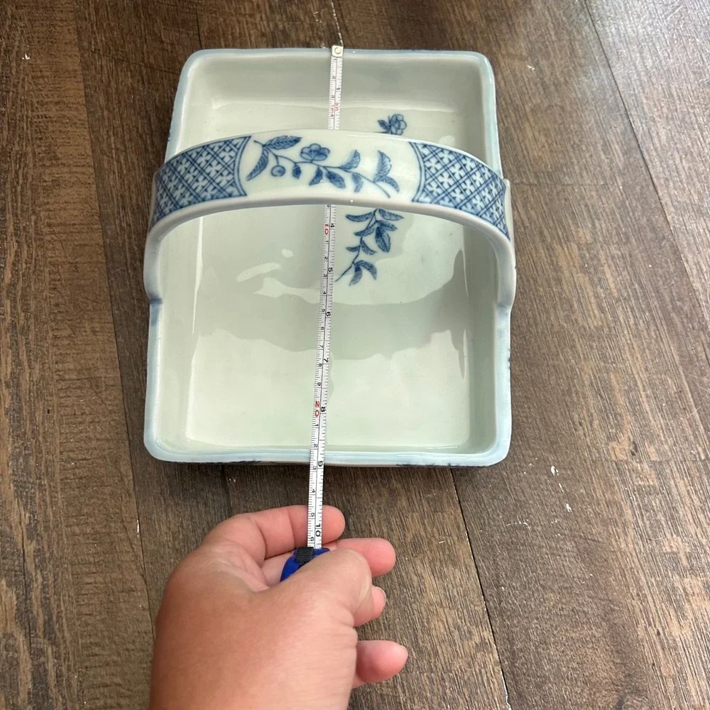 Fitz and Floyd Vintage Porcelain Rectangle White Blue Floral Basket Trinket Dish